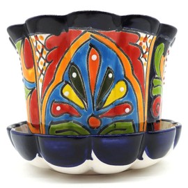 Talavera Pottery Store Violet Pot Planter with Saucer Large Hand Painted Indoor Outdoor Multi Colored Figure Glazed