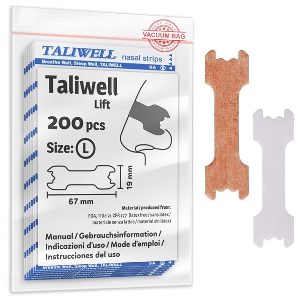 Taliwell Bandelettes Nasales 200 Pcs Taille L Larges, Breathe Better, Anti Ronflement, Bandes Nasales, Patch Nez, Nasal Strips, Patchs Nasaux, Sport