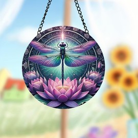 Dragonfly Lotus Stained Window Hangings with Chain – Round Acrylic Suncatchers Flower Ornament for Garden, Patio and Indoor Decor, Christmas Birthday Housewarming Gift for Mom, Grandma