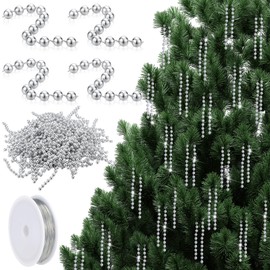 200 Pcs Christmas Tree Beads Garlands 4 Inches Silver Crystal Garland Strands Fake Artificial Pearl Beads Chain Garlands for Christmas Tree Fireplace Wedding Party Vases DIY Decoration, 66ft in Total