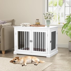 PUPETPO Furniture Style Dog Crate with Cushion, Dog Kennel Medium, Pet Crates, Dog Cage for Small and Medium Dogs, Decorative Dog Kennel with Flip-top Plate, Chew-Proof Metal Bars, White