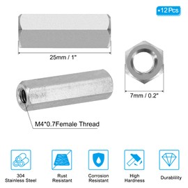 PATIKIL M4 x 0.7-Pitch 304 Stainless Steel Hex Coupling Nuts, 12Pcs 25mm/ 1" Length Coarse Fully Threaded Rod Coupling Nut Studding Connector Fasteners, Silver Tone