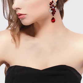 BriLove Wedding Bridal Clip On Earrings for Women, Bohemian Rhinestone Crystal Flower Teardrop Chandelier Dangle Red Gold Tone