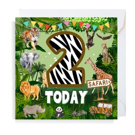 Second Ave Safari Jungle Animal 2nd Birthday Age 2 Square Children's Kids Birthday Greeting Card for Boy or Girl