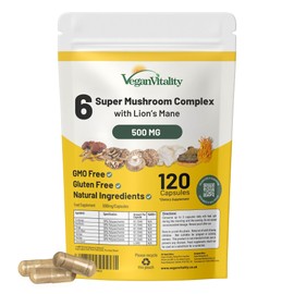 6 Mushroom Supplement Including Lions Mane Supplement High Strength Capsules. Mushroom Complex with Lion's Mane, Reishi, Chaga Mushroom Powder, Shitake, Cordyceps & Maitake. 120 Count.