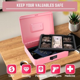 Flexzion Cash Box with Combination Lock - Metal Cash Box with Money Tray and Lock - 5-Compartment Money Lock Box for Cash, Petty Cash, Checks, Coins, 11.8"x 9.4"x 3.5", Pink