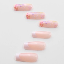 BABALAL Press on Nails Long Square Fake Nails Pink French Tip Glue on Flower 24Pcs Squoval Manicure False Acrylic Nails Summer Full Cover Artificial for Women