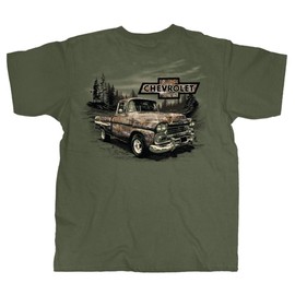 Vintage Goods Apparel Men's Retro Feel Graphic T-Shirt, Chevy Camo Truck - Throwback Chevy Tee, Gift for Classic Pickup Truck Guys, Hunters, Chevy Enthusiasts, Outdoorsmen (Military Green, Large)