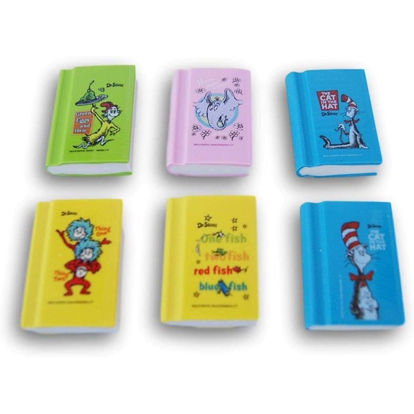 School Fun Dr. Seuss Book Erasers - Mini Books (Cat in The Hat, Green Eggs & Ham, Horton, Fish, Thing 1 & 2) - Favors , Doll-Sized Books 6 Pieces
