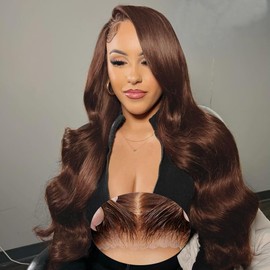 MUGOHK Brown Wear and Go Glueless Wigs Human Hair Pre Cut 30 Inch 7x5 Chocolate Brown Body Wave HD Lace Front Wig Pre Plucked Bleached Knots #4 Dark Brown Lace Closure Wigs 200 Density for Women