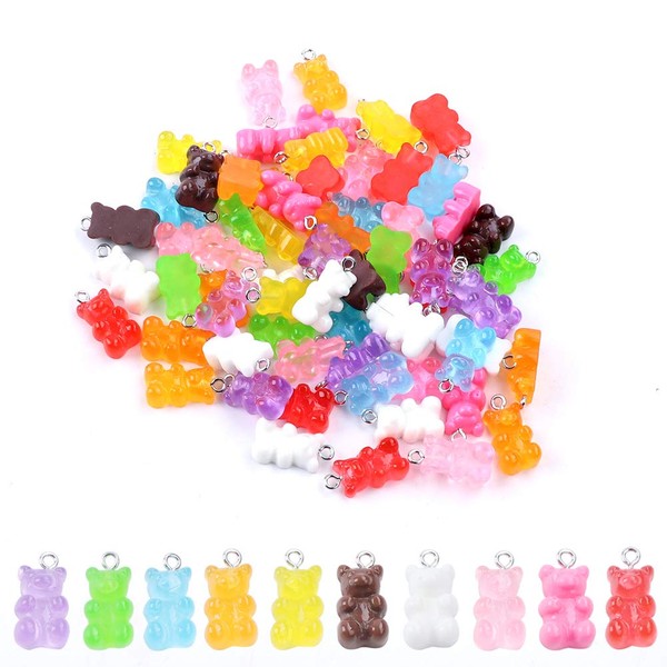 100 Pcs Resin Gummy Bear Pendant Colorful Bear Candy Charms Cartoon Bear Keychains Necklace Charm Cute Bracelet Accessories for Child DIY Craft