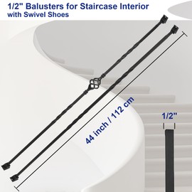16 Pack Wrought Iron Stair Balusters – 44" Hollow Single Basket & Double Twist Design, 1/2" Square Black Metal Spindles with 32 Swivel Shoes for Indoor/Outdoor Staircase Remodeling
