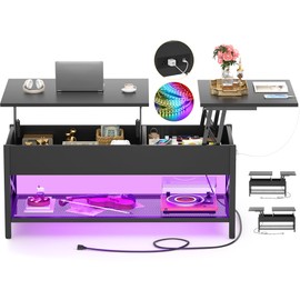 Besiost Coffee Table, Lift Top Coffee Table with Storage, LED Light & Power Outlet and Hidden Compartment, Retro Center Table for Living Room, X Support Wood Tabletop, Metal Frame,Black