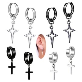 TFENY SJGF 4 Pairs 316L Star and Cross Dangle Drop Hoop Earrings for Women Stainless Steel Hoops Cuff Cartilage Stud Tragus Helix Men‘s Geometric Punk Earring Hoops
