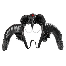 GIFTSHOP101 Black Gothic Demon Raven Skull Headband with Large Horns and Rose