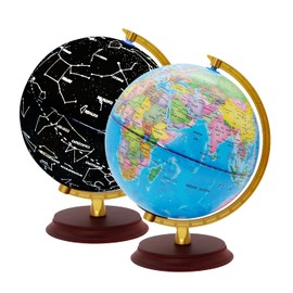 Exerz Illuminated World Globe 20cm Diameter Wooden Base - Political Map in English (Day) - Constellation Stars (Night) - Light Up LED Lamp