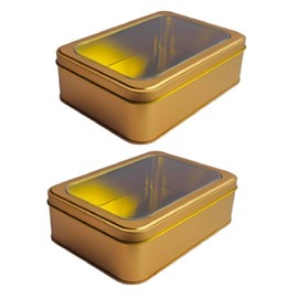 hadaaya Gold Rectangular Tin Container With Clear Lid, Pack of 2 Christmas Cookie Tin, Festive Tin for Gift Giving & Holiday Treats - Multipurpose Use Medium Size Tin Container