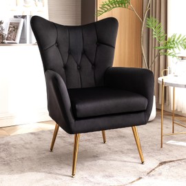 Container Furniture Direct Modern Chic Mid-Century Velvet Accent Armchair for Living Room, Bedroom, or Home Office, Button-Tufted Wingback Design with Gold Flared Legs, Black