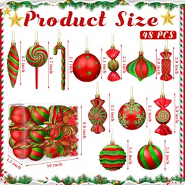 Christmas Ornaments Candy Lollipop Set -48Pcs for Xmas Tree Decoration Hanging Plastic Gloss Candy Canes Ball Pendants for New Year Home Decor Party Supplies (Red Green)