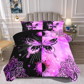 FJKJHKGJ Boho Butterfly Sun and Moon Printed Bedding Sets - Queen Size Comforter Set for Girls, Black Purple Comforter Set with 2 Pillowcases