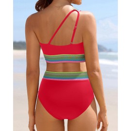 Tempt Me Women High Waisted Bikini Set - One Shoulder Two Piece Swimsuits Color Block Bathing Suits with Swimwear Bottom, Red, Large