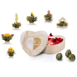 Creano Blooming Tea Gift Set in Heart Shaped Wooden Box with Engraving - 6pcs Flowering Tea - Withe Tea