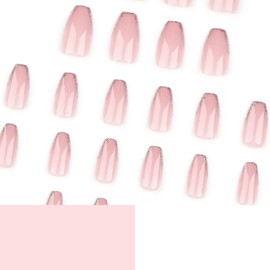 Press on Nails Short Coffin Fake Nails with Glitter French Tip Designs Pink Glue on Nails Glossy Nails Press ons Spring Acrylic Nails Daily Wear Natural Stick on Nails for Women 24Pcs