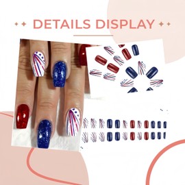 24Pcs 4th of July Press on Nails Medium Square Coffin Fake Nails with Star and Red Blue Stripe Design Acrylic Nails Glitter Independence Day False Nails Sparkly Glue on Nails DIY for Women Decoration