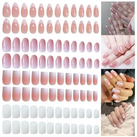 JSTHHTT 96 French False Nails, Press on Nails, Square Stick on Nails, Pink Gradient French Tip Nude Press on Nails, Nude Fake Nails, Full Cover Nails Women Girls Nail, Removable Fake Nails