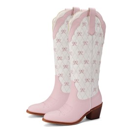 Krypthixor Pink Wide Calf Cowboy Boots With Cute Bow Embroidery Casual Knee High Cowgirl Boots For Women Chunky Heel Pointed Toe Western Style Boot With Color-Block For Dressy Party Size 7.5