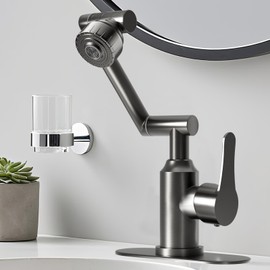 Bathroom Sink Faucet, FunnyAir Stainless Steel 1080° Rotatable Faucet for Sink 1 Hole or 3 Holes, Modern Style Single Handle Bathroom Faucets with Hot and Cold Hoses, 2 Water Outlet Modes, Grey