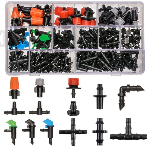 204Pcs Barbed Connectors Irrigation Fittings Kit,Drip Irrigation Barbed Connectors 1/4''Tubing