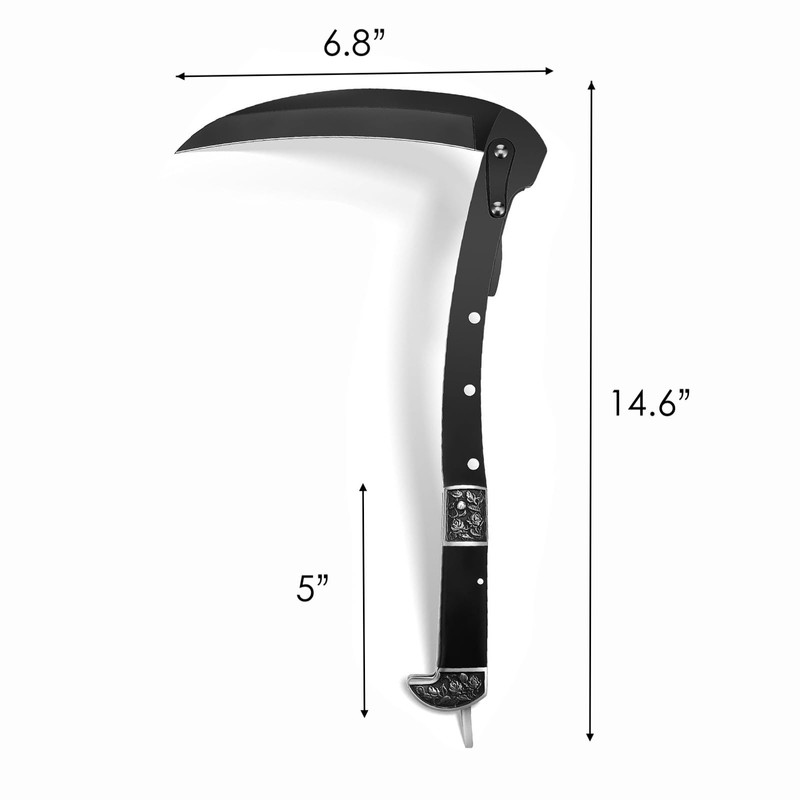 Folding Sickle, Two Section Foldable Scythe with Wooden Handle, Sheath,
