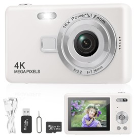 Digital Camera with 64 GB Card, Portable Camera with 2.4 Inch LCD Screen, HD 1080P Photo Camera, Compact Camera, 40MP Camera, 8X Digital Zoom Digital Camera for Teenagers, Beginners (White)