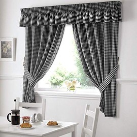 Gingham Check Kitchen Tape Top Curtains - Black (46" Wide x 48" Drop)