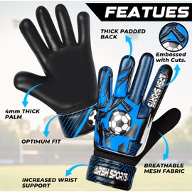 Arsh Sports Soccer Goalie Gloves for Kids,Goalkeeper Gloves for Youth Boys Girls 4MM Latex Palm,Anti Slip,Super Gip Double Wrist Protection (Black-Blue, Size 7 Suitable for Size S-M Adult)