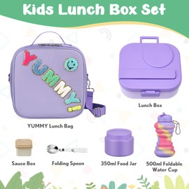 Kids Bento Lunch Box with 12oz Soup Thermo, Kids Leakproof Lunch Food Container with 4 Compartments, Insulated Lunch Bag & Water Cup for Girls Boys to School Travel