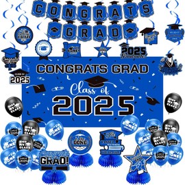 Navy Blue Graduation Decorations Class of 2025, Black and Blue Graduation Banner Balloons Backdrop Party Decorations, Assembled Hanging Swirl Graduate Decor Supplies