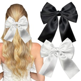 Bow Hair Clip - Pack of 2 Short Satin Hair Bows Clips with Clip, French Hair Clips with Small Bow and Ribbons, Hair Accessories for Women, Wedding, Christmas (Pure White + Black)