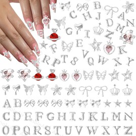 142 Pcs Silver A-Z Letter Nail Charms, Alloy Alphabet Words Nail Charm, Crown Heart Butterfly Bows Star Nail Gems Charms, Silver Flower Heart Alloy Nail Charm for Acrylic Nail Art DIY Accessories