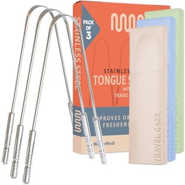 MasterMedi Rascador de lengua con estuche de viaje, paquete de 3, combate el mal aliento, acero inoxidable de grado médico, limpiador de lengua para adultos y niños, fácil de usar con mango no sintético