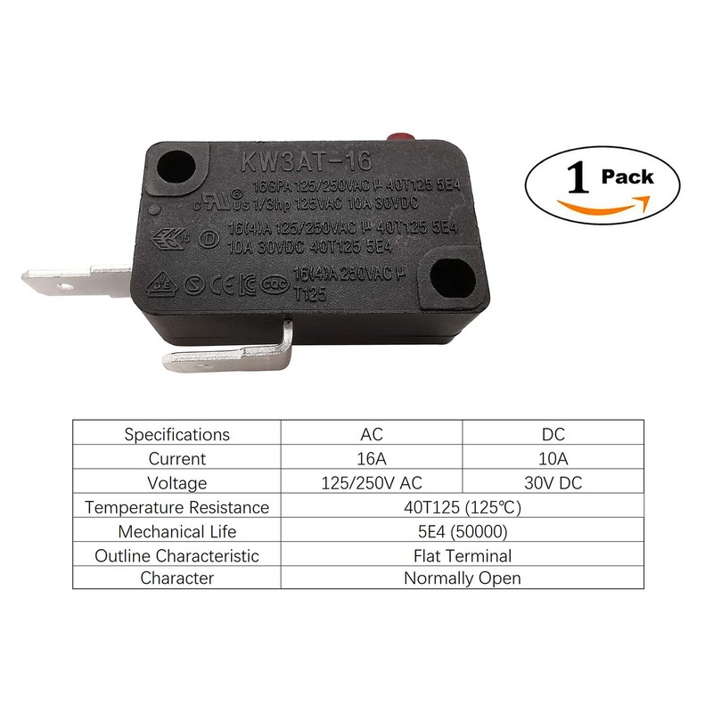 Microwave Oven Door Switch Replacement Part, 16A 125VAC, KW3AT-16 (Downward