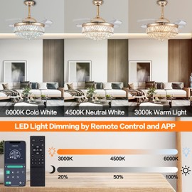 PAFRUMGE 36" Dimmable Gold Fandelier Crystal LED Ceiling Fans with Lights and Remote Chandeliers Ceiling Fan for Bedroom,Dining Room,Living Room (Gold, 36 in)