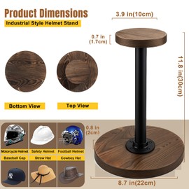 Exquis Helmet & Hat Display Stand – 32cm Fixed Height, Rustic Wood Base with Matte Black Metal Rod, Vintage Industrial Design(4pcs)