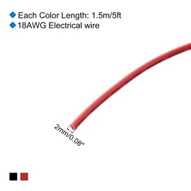 MECCANIXITY 18 Gauge PVC Hookup Wire 1.5m/5ft 18AWG Flexible Electrical Wire UL1007 Tinned Copper Stranded Black Red, 2mm Dia for Model Aircraft Electric Appliances Internal Connect