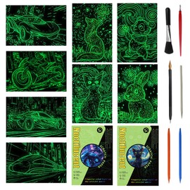 Kratzbilder Set für Kinder und Erwachsene, 8 Stück Rainbow Kratzpapier, Kreatives Scratch Art Set Glow in the Dark für Jungen & Mädchen Weihnachten Geburtstagsgeschenk mit Kratzwerkzeuge Kit