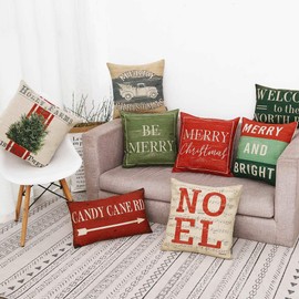TRENDIN Xmas Pillow Cover 18x18 inch for Farmhouse Christmas Decor Cotton Linen Vintage Green Be Merry PL407TR