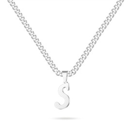 LUXEJEW Silver Male Necklace, 20" Cuban Chain with Initial Pendant, Stainless Steel Necklace for Men, Jewelry Gift for Husband Son Boyfriend