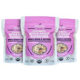 Farm to Table Foods Organic Apple Raisin Superfood Oatmeal – High-Protein, Whole Grain, Plant-Based, Unsweetened, Non-GMO – 3-Pack (14 oz. Bags)