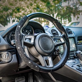 Amiss Car Rhinestones Steering Wheel Cover with Elastic Stretch, Breathable Anti-Slip Steering Wheel Protector, Girl Sparkly Diamond Gifts, Bling Cute Car Interior Accessories for Women-Black